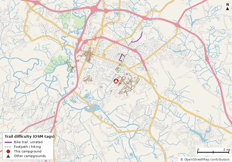 Map of roads, water and trails within about 5 miles of Seymour Johnson AFB FamCamp