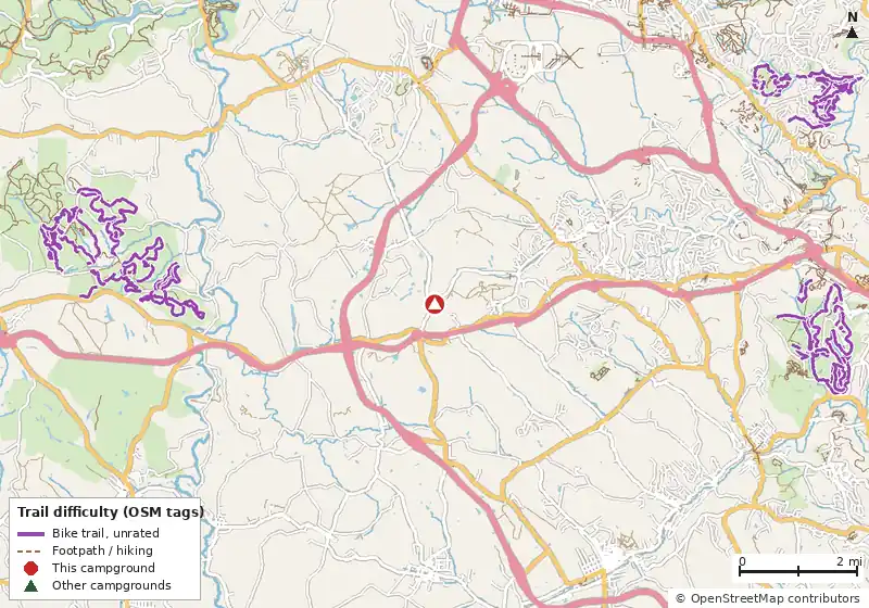 Map of roads, water and trails within about 5 miles of Montour Trail - Boggs Trailhead Campsite, with bike trails colored by their OpenStreetMap difficulty tags
