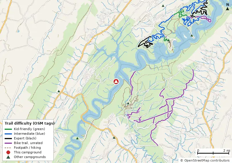 Map of roads, water and trails within about 5 miles of Nancy's Boat to Shore Campground, with bike trails colored by their OpenStreetMap difficulty tags