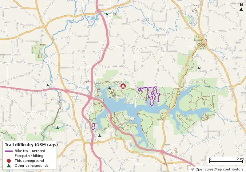 Map of roads, water and trails within about 5 miles of North Country Trail - Link Road Shelters, with bike trails colored by their OpenStreetMap difficulty tags