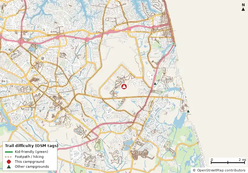 Map of roads, water and trails within about 5 miles of Ocean Pines RV Park, with bike trails colored by their OpenStreetMap difficulty tags