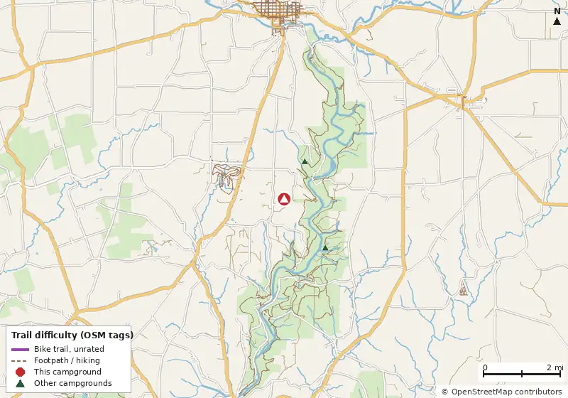 Map of roads, water and trails within about 5 miles of Oil Creek Family Campground, with bike trails colored by their OpenStreetMap difficulty tags