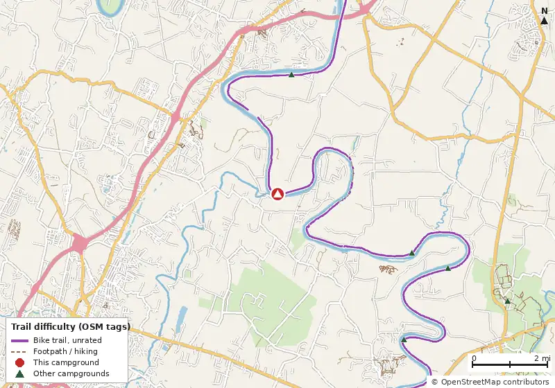 Map of roads, water and trails within about 5 miles of Opequon Junction Hiker-Biker Overnight (HBO) Campsite, with bike trails colored by their OpenStreetMap difficulty tags