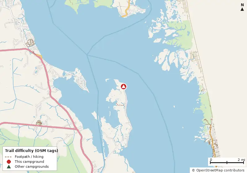 Map of roads, water and trails within about 5 miles of Outer Banks West/Currituck Sound KOA Holiday