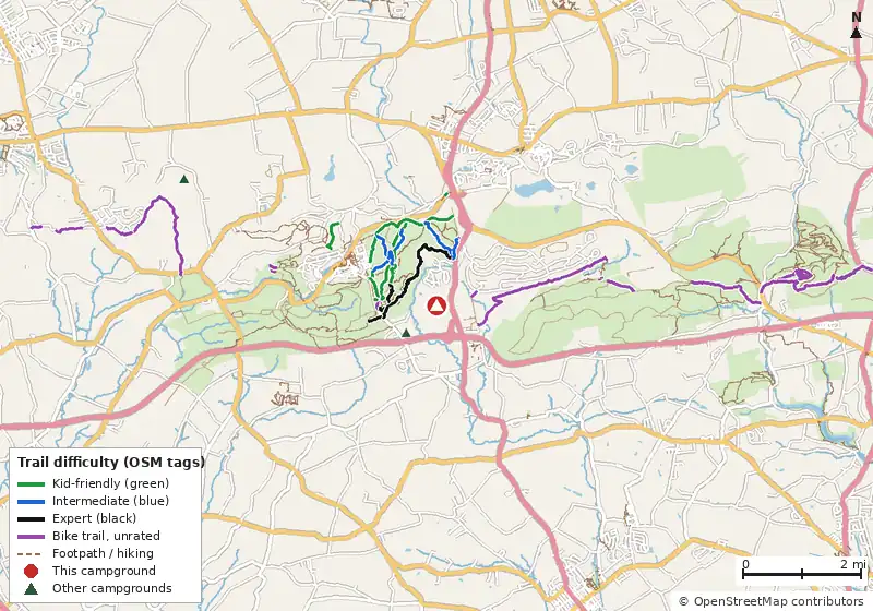 Map of roads, water and trails within about 5 miles of PA Dutch Country RV Resort, with bike trails colored by their OpenStreetMap difficulty tags