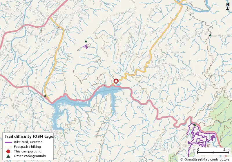 Map of roads, water and trails within about 5 miles of Parksville Lake rv Campground, with bike trails colored by their OpenStreetMap difficulty tags