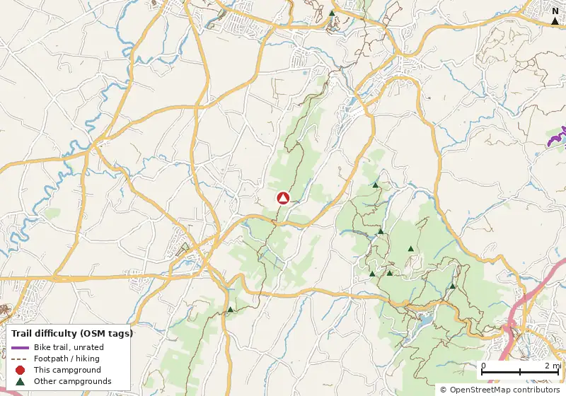 Map of roads, water and trails within about 5 miles of Raven Rock Shelter AT Camping Area, with bike trails colored by their OpenStreetMap difficulty tags