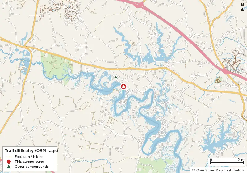 Map of roads, water and trails within about 5 miles of Rockahock Campground