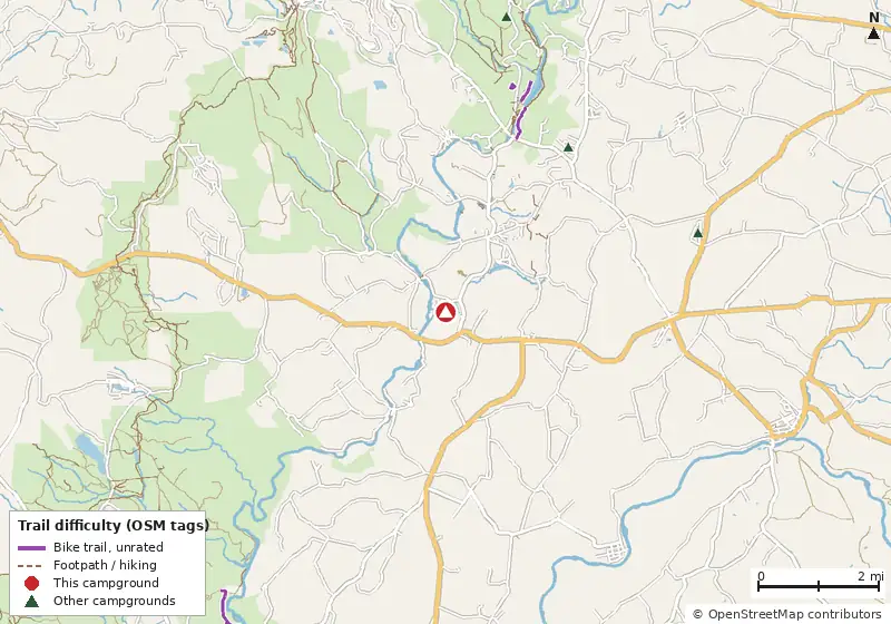 Map of roads, water and trails within about 5 miles of Scottyland Camping, with bike trails colored by their OpenStreetMap difficulty tags