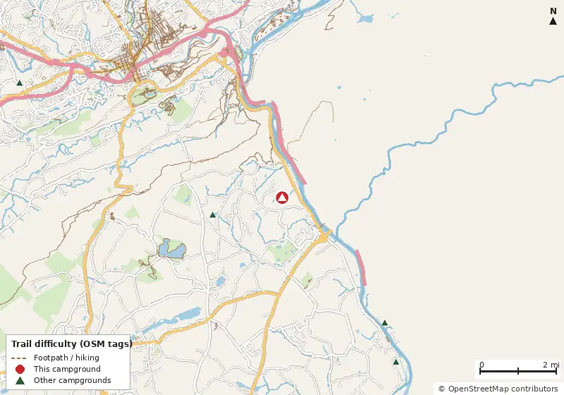 Map of roads, water and trails within about 5 miles of Shady Acres Campground