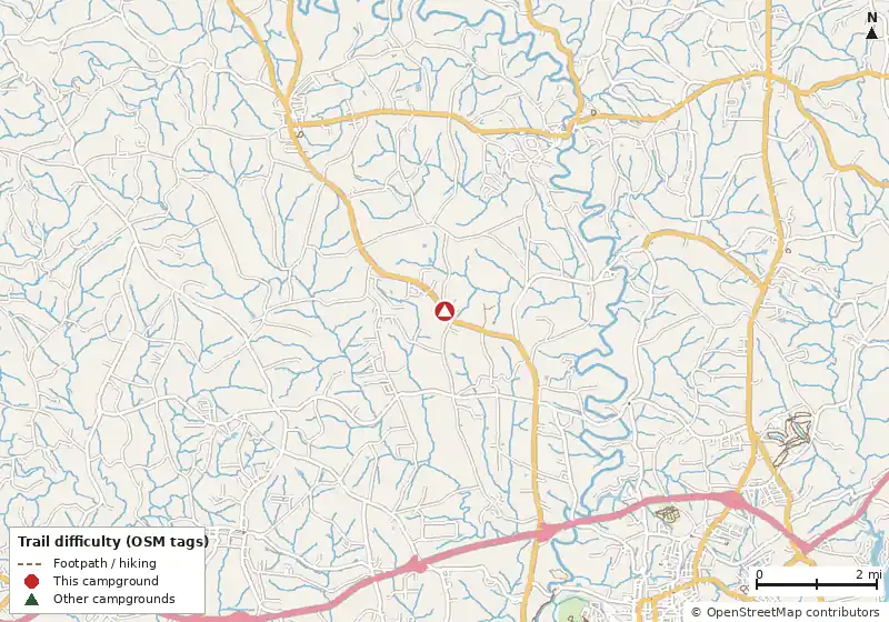 Map of roads, water and trails within about 5 miles of Shelby RV Park