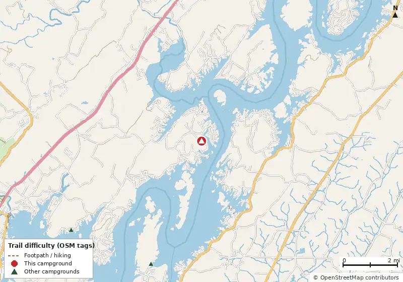 Map of roads, water and trails within about 5 miles of Shelter Cove Marina & Campground