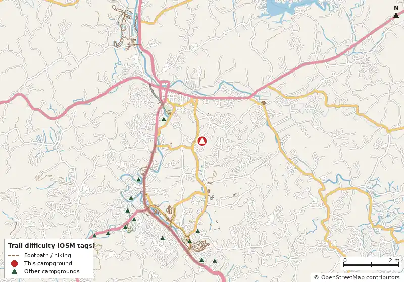Map of roads, water and trails within about 5 miles of The Ridge Outdoor Resort