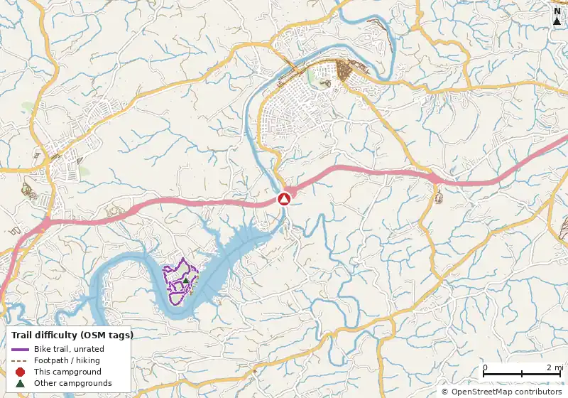 Map of roads, water and trails within about 5 miles of The Sportsman, with bike trails colored by their OpenStreetMap difficulty tags