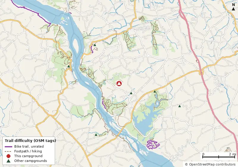 Map of roads, water and trails within about 5 miles of Tucquan Park Family Campground, with bike trails colored by their OpenStreetMap difficulty tags