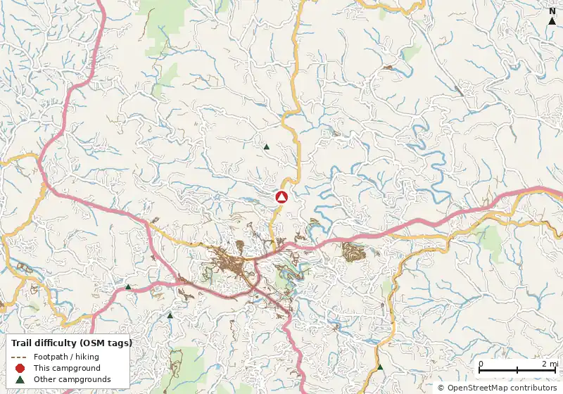 Map of roads, water and trails within about 5 miles of Waterwheel RV Park