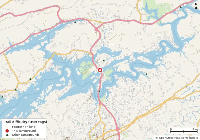 Map of roads, water and trails within about 5 miles of Webb's Lakefront Campground