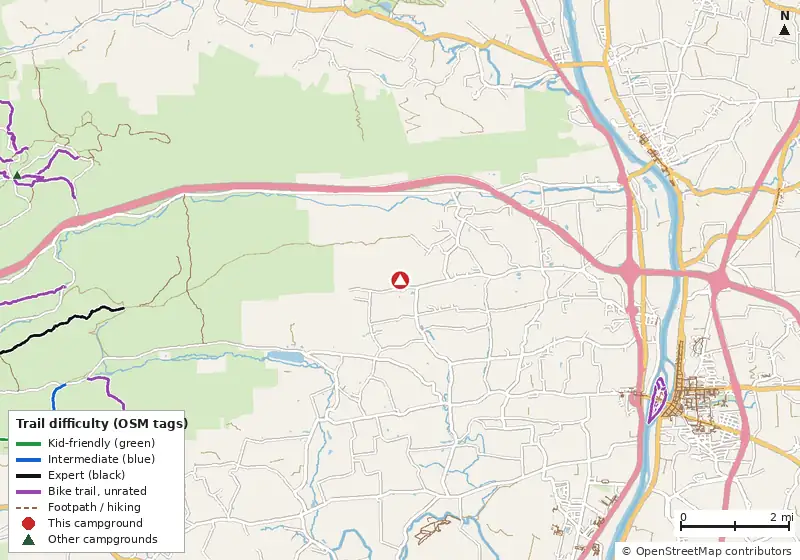 Map of roads, water and trails within about 5 miles of Williamsport South / Nittany Mountain KOA, with bike trails colored by their OpenStreetMap difficulty tags