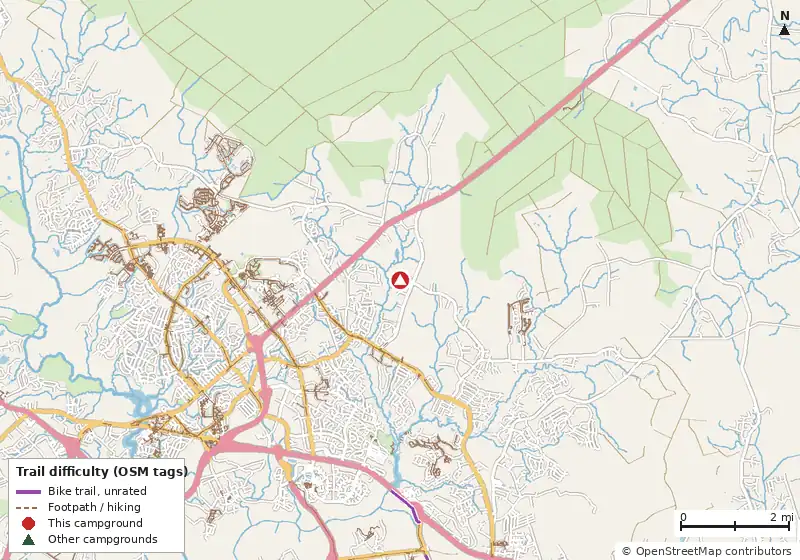 Map of roads, water and trails within about 5 miles of WR Willis RV Campground, with bike trails colored by their OpenStreetMap difficulty tags