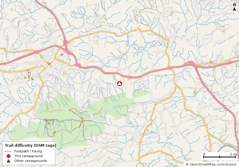 Map of roads, water and trails within about 5 miles of Wytheville KOA Holiday